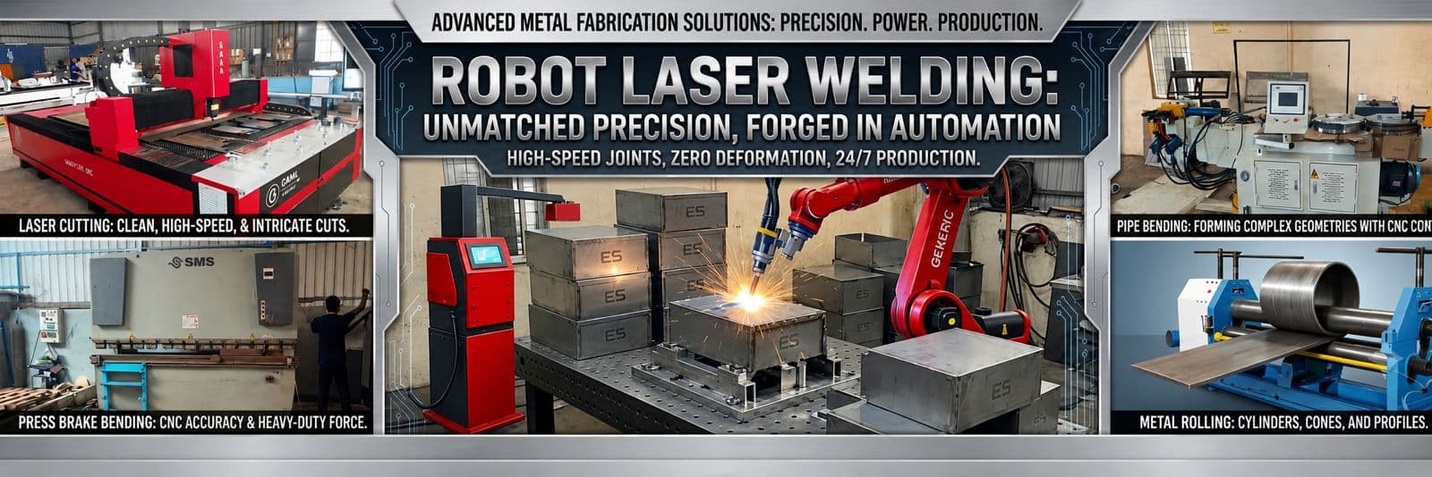 Incisee shop floor: robot laser welding, laser cutting, press brake bending, pipe bending and metal rolling